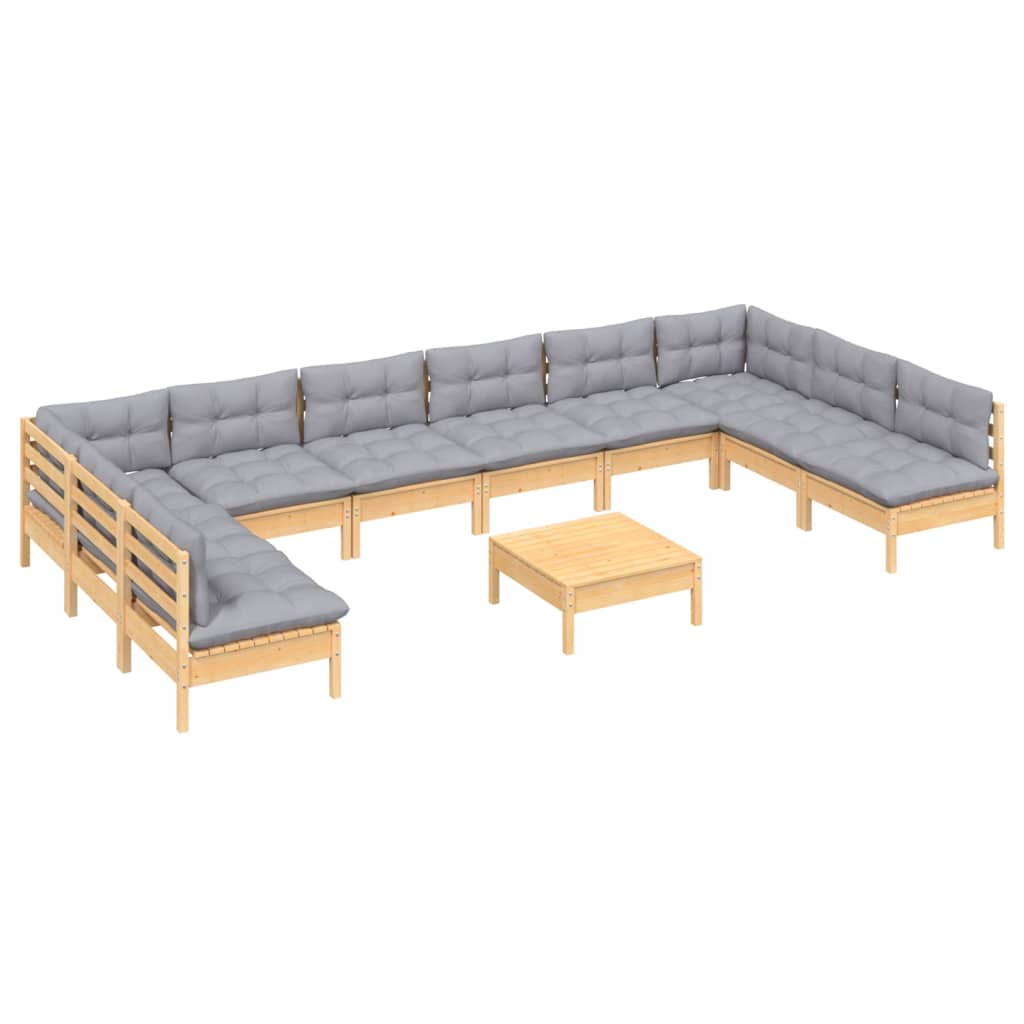 11-tlg. Garten-Lounge-Set mit Grauen Kissen Kiefer Massivholz
